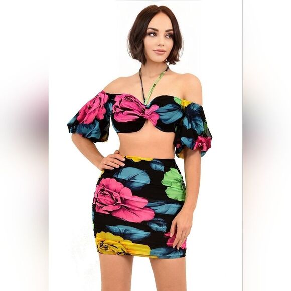 Floral Print 2 Piece Halter Tube Top & Skirt Set - Picture 1 of 3